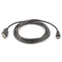Black USB to Mini USB cable coiled on a white background