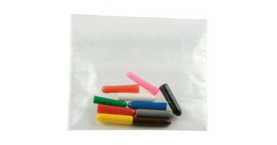 Assorted colored cable end caps in a clear plastic bag