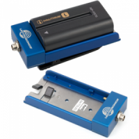 BATTSLED: InfoLithium L battery mounted on a blue adapter