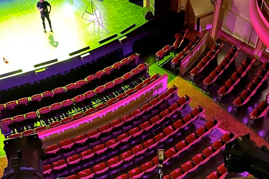 Anthony Leo on stage at Lexington Opera House with Lectrosonics gear