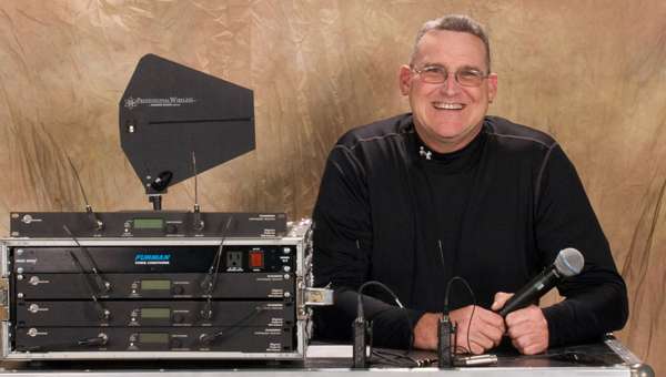 Man with wireless Lectrosonics sound reinforcement gear for "Lost In The 50s