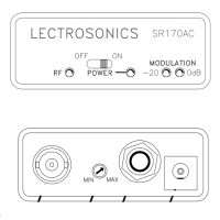 Lectrosonics SR170AC receiver front and back panel, showing controls and connectors.