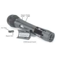 UT200 wireless microphone internal controls: frequency switches, magnetic door, and battery compartment.