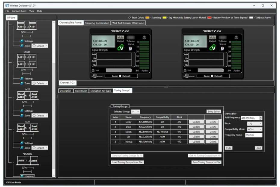 Lectrosonics Wireless Designer Software v2.1 showing channel setup and tuning groups.