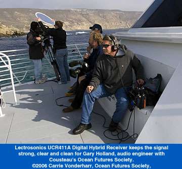 Gary Holland, audio engineer for Cousteau's Ocean Futures Society, uses Lectrosonics receiver on boat.