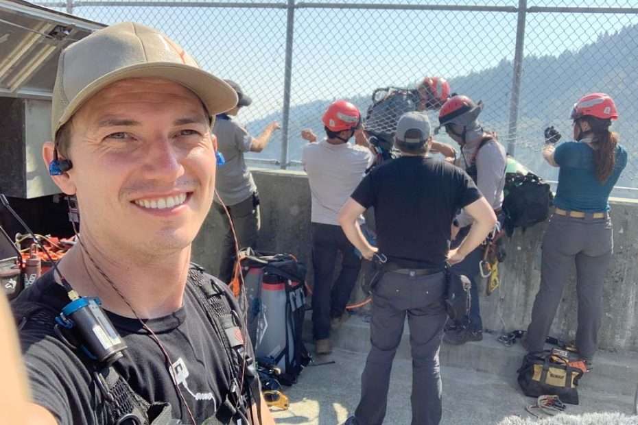 Donovan Murphy, Sacramento sound mixer, with crew at dizzying heights.