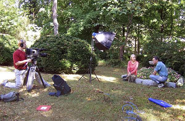 Filming a "Simple Living" interview outdoors with Lectrosonics equipment.