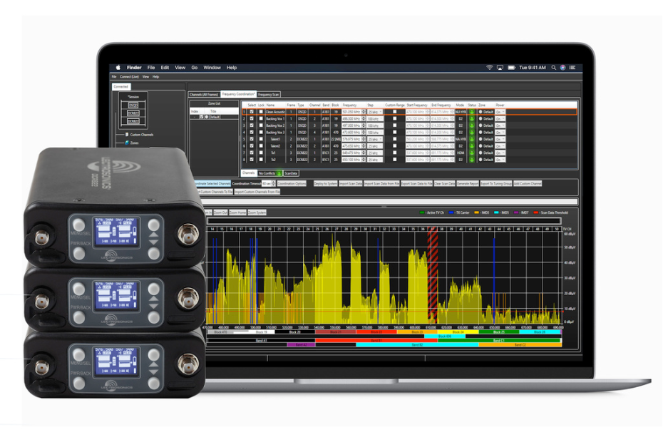 Lectrosonics DCR822 receiver with Wireless Designer software on laptop