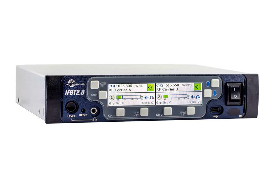 Lectrosonics IFBT2.0 RF transmitter base station with display and controls.