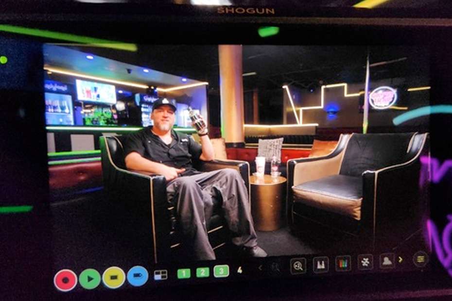 Mike Sal with Lectrosonics gear on set for Chuck GPT FanDuel commercial.