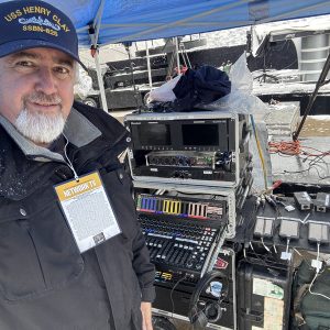 Thom-Shafer2 Thom Shafer, production sound mixer, with Lectrosonics gear and "NETWORK TV" badge.