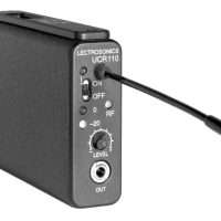 Lectrosonics UCR110 receiver with ON/OFF switch, RF indicator, and level control.