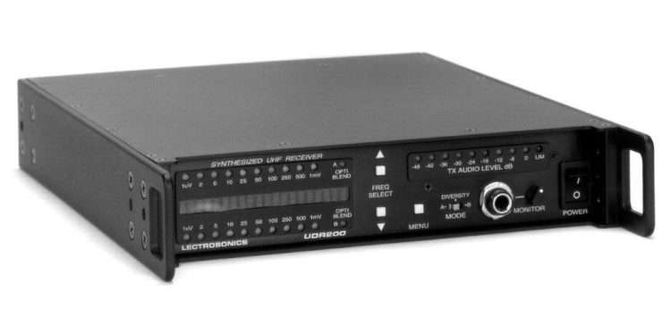 Lectrosonics UDR200 Synthesized UHF Receiver front panel detail.